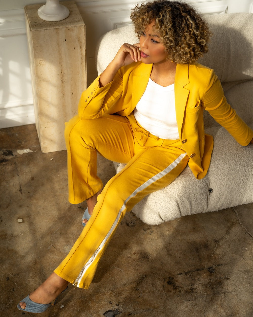 Canary yellow pants suit hotsell