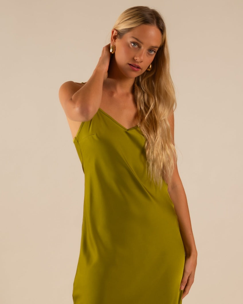 Women's Cactus Green Satin Slip Dress - Adjustable Slit S Women's Cactus Green Satin Slip Dress - Adjustable Slit S
