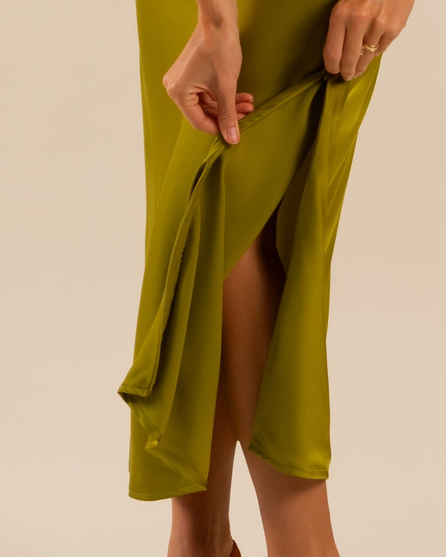 Women's Cactus Green Satin Slip Dress - Adjustable Slit S Women's Cactus Green Satin Slip Dress - Adjustable Slit S