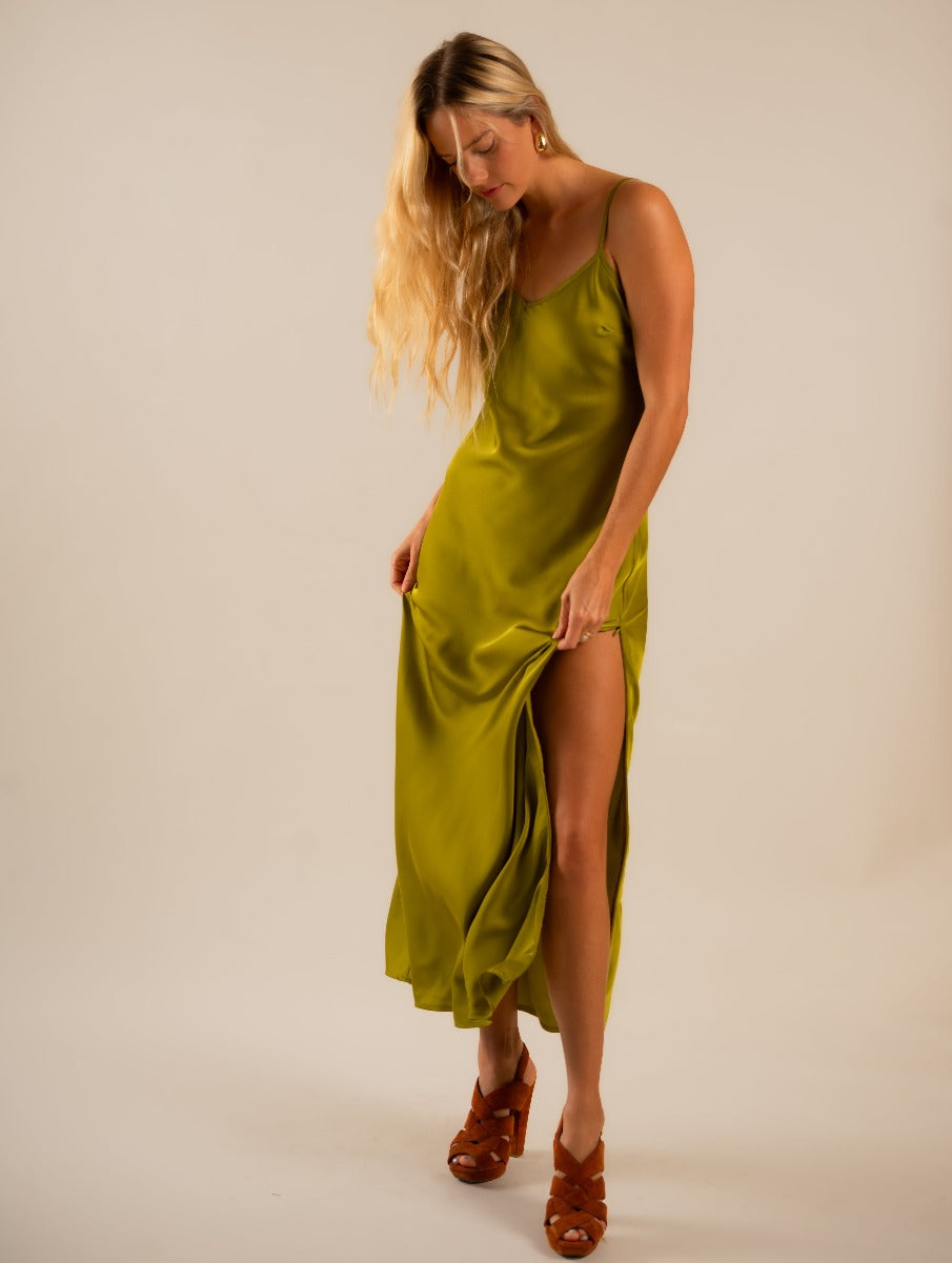 Women's Cactus Green Satin Slip Dress - Adjustable Slit S Women's Cactus Green Satin Slip Dress - Adjustable Slit S