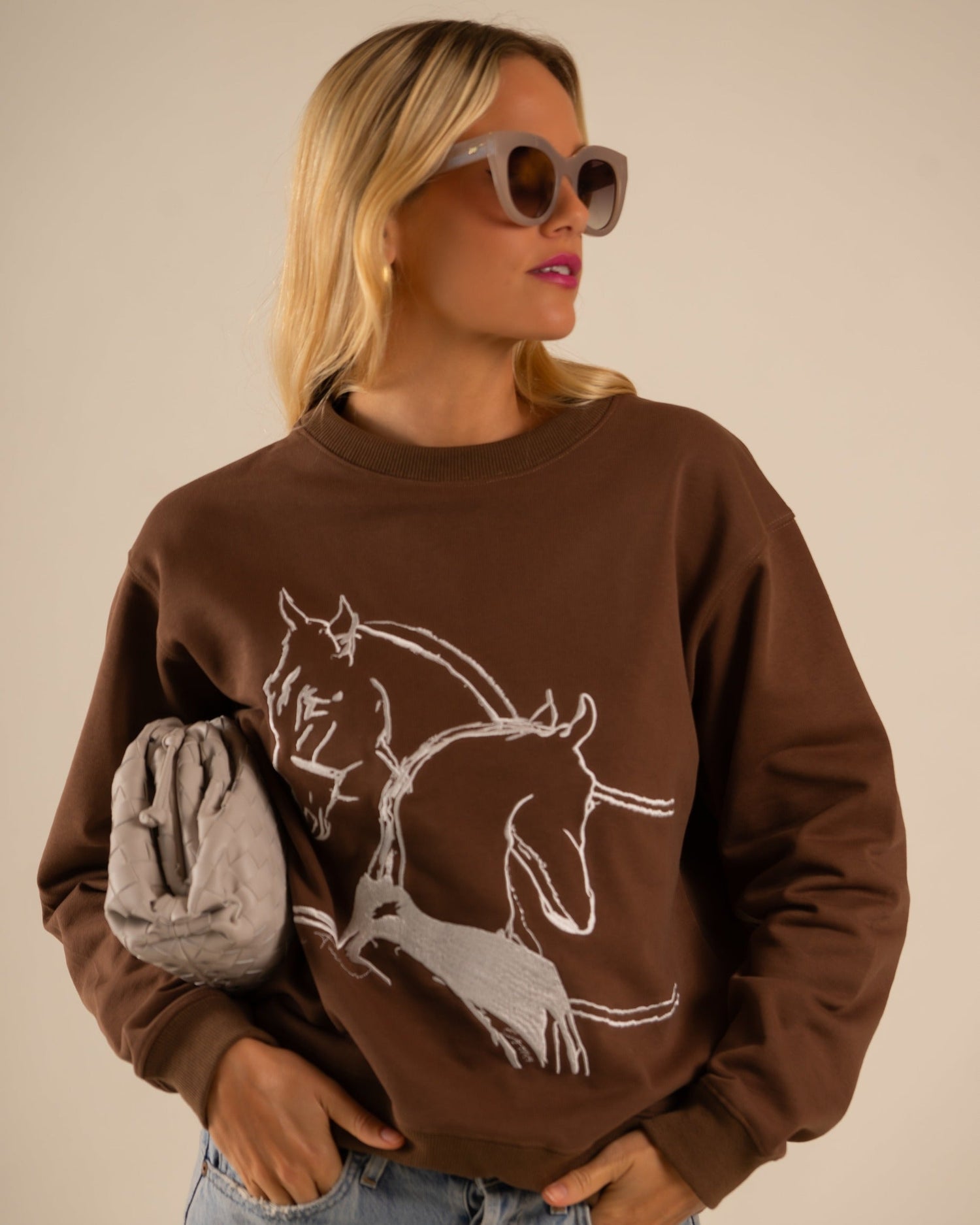 Classic Embroidered Sweatshirt Horses Embrace - Rawhide