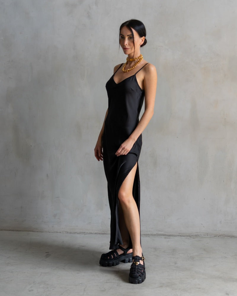 Women's Black Satin Slip Dress - Adjustable Slit Care Tucker Women's Black Satin Slip Dress - Adjustable Slit Care Tucker