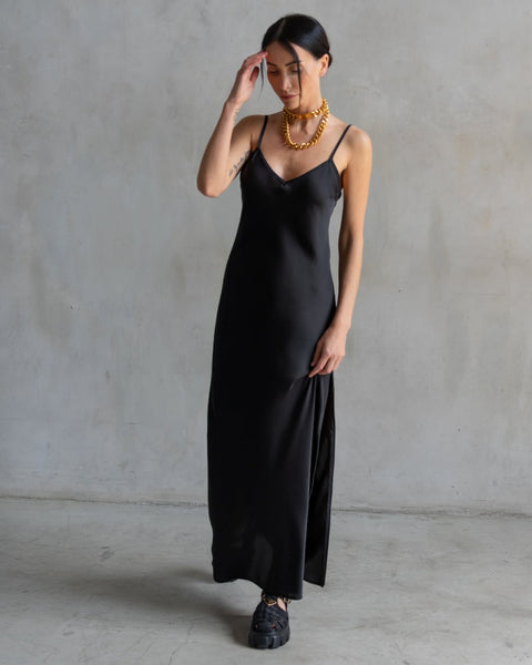 Women's Black Satin Slip Dress - Adjustable Slit – Care Tucker