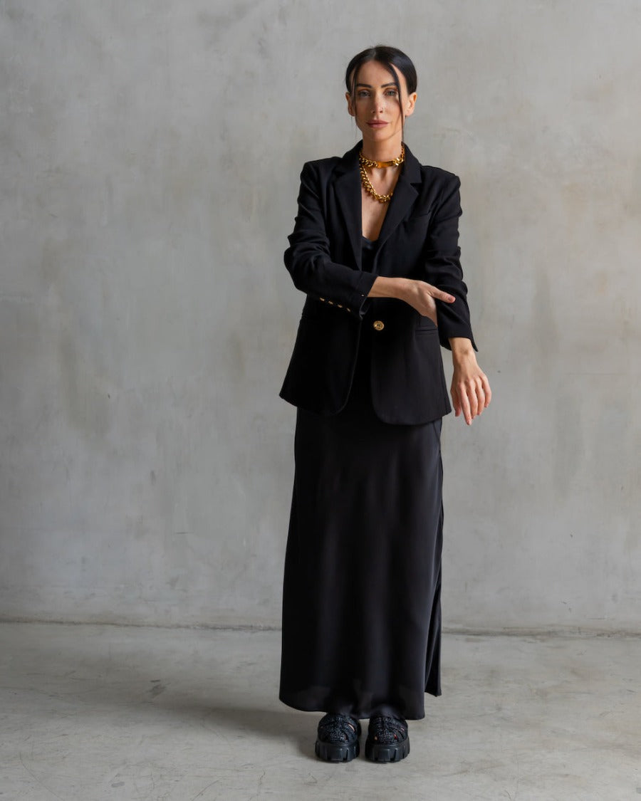 Women's Black Satin Slip Dress - Adjustable Slit Care Tucker Women's Black Satin Slip Dress - Adjustable Slit Care Tucker