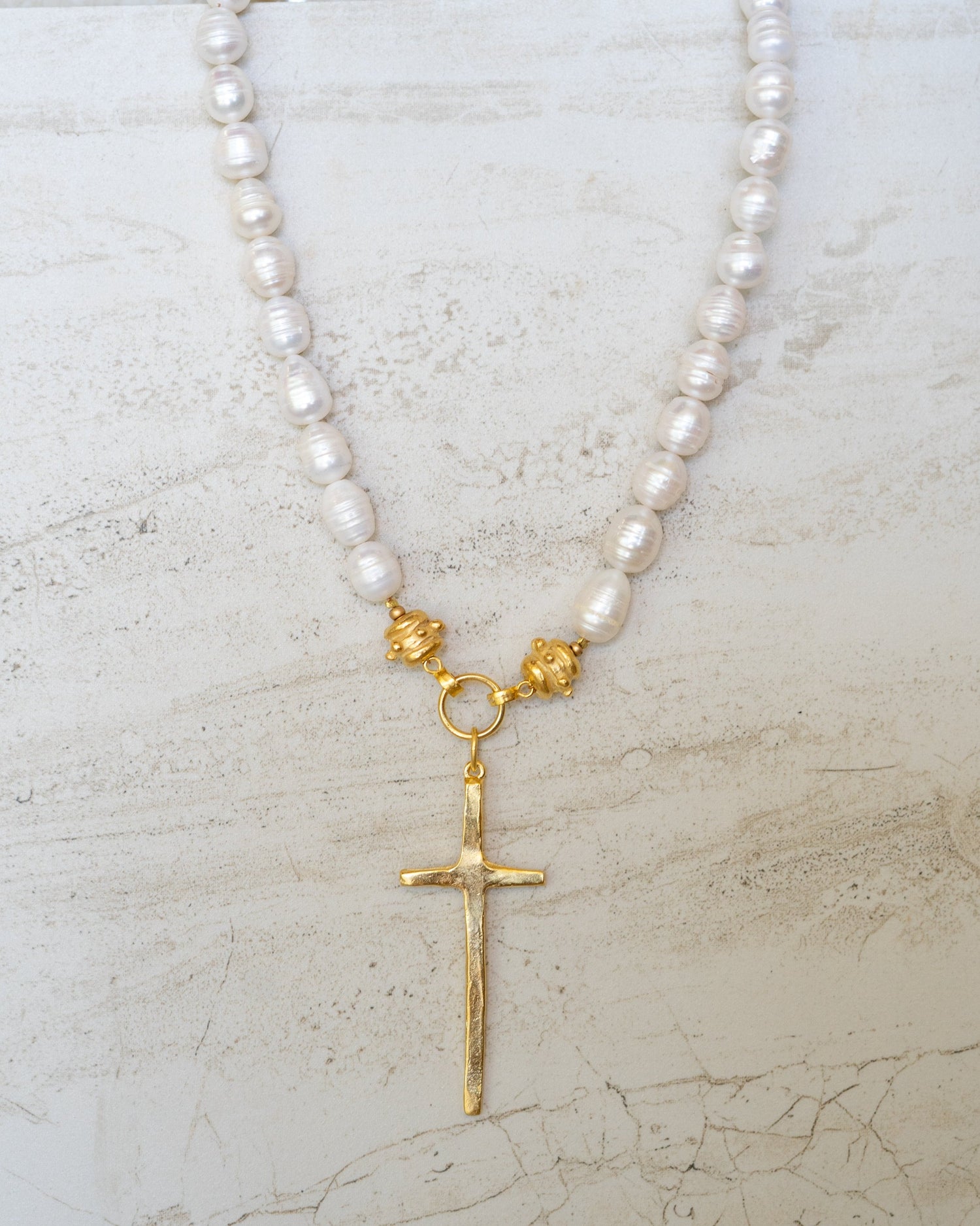 Elongated Cross Pearl Necklace