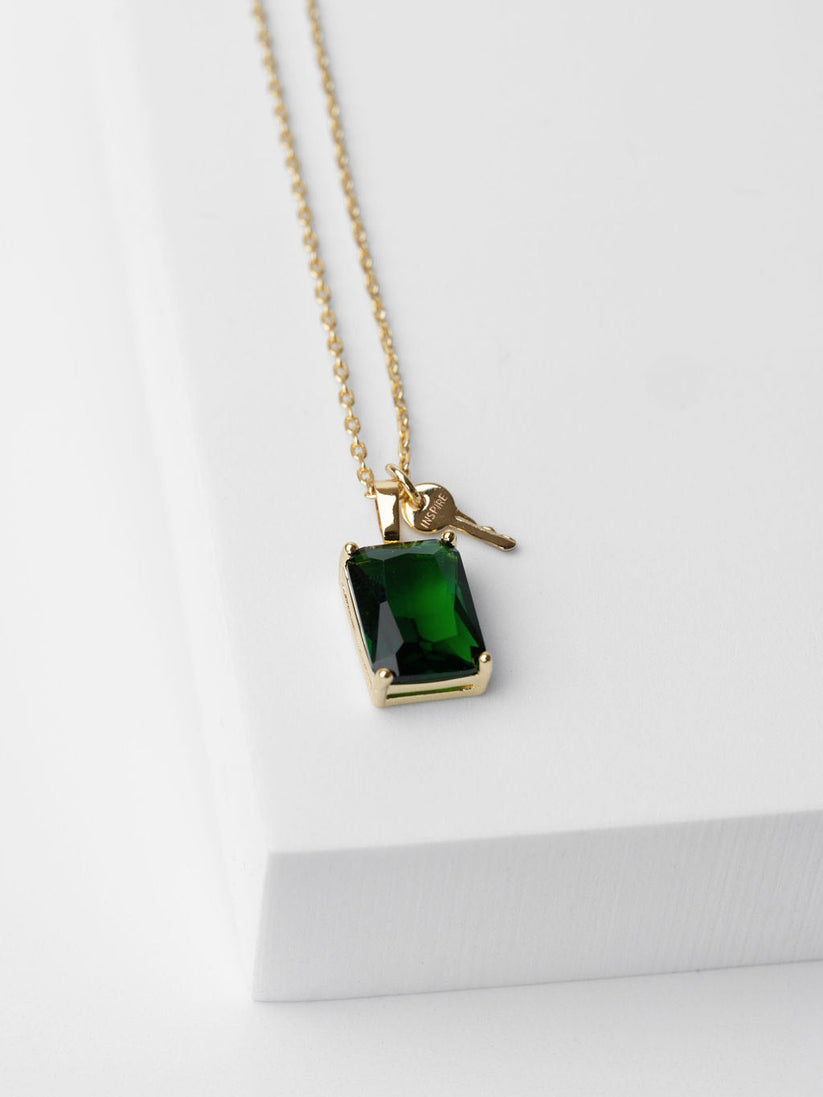 Emerald Cut Gemstone and Mini Key Necklace in Gold