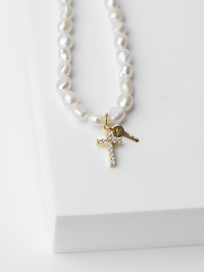 Freshwater Pearl and Mini GRACE Pavé Cross Necklace