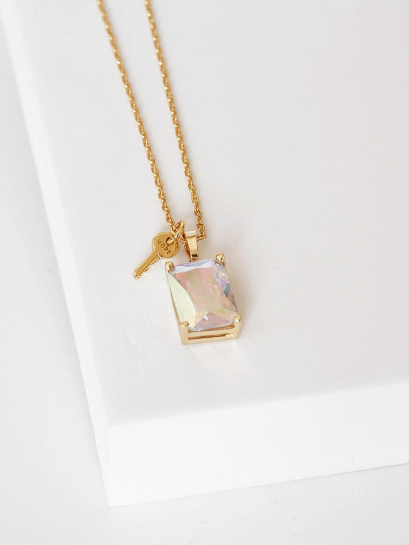 Emerald Cut Gemstone and Mini Key Necklace in Gold