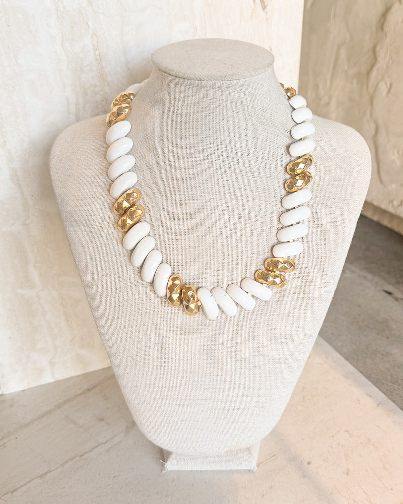 Vintage Signed White Enameled Metal Gold Tone Retro Necklace