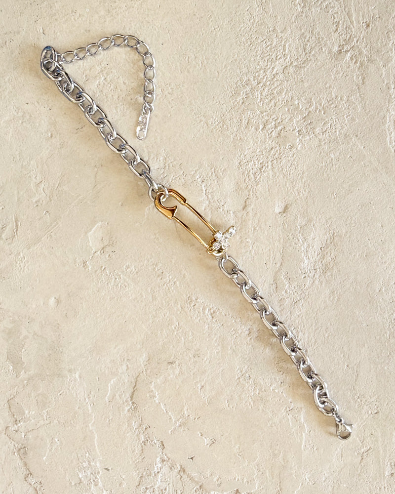Roxy Bracelet Silver Chain with Gold Safety Pin and Crystal Cross Charm