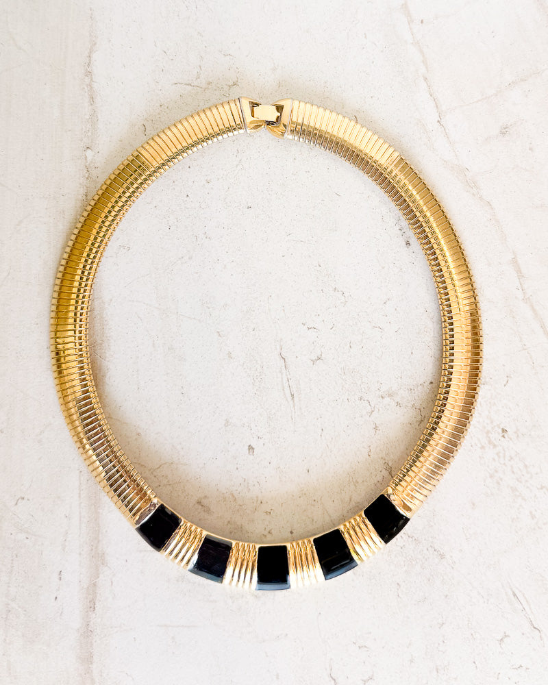 Vintage Signed Omega Black Enamel Collar Necklace