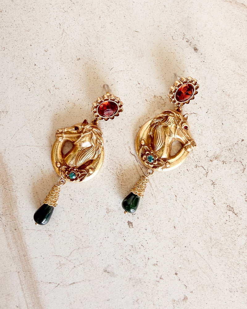Vintage Gold Tone multi stone Horse Head Earrings