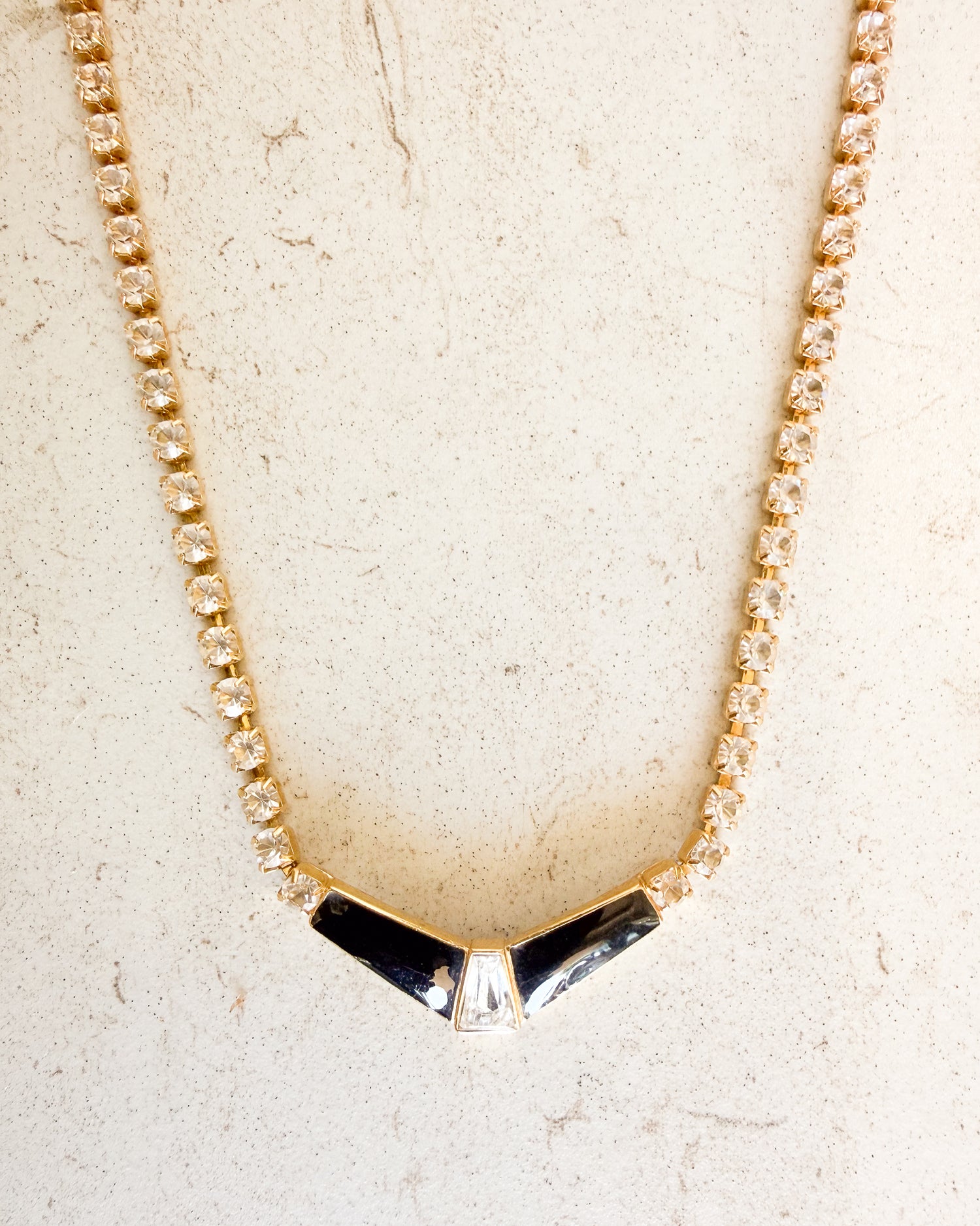 Vintage black enamel pendant gold-tone rhinestone chain necklace