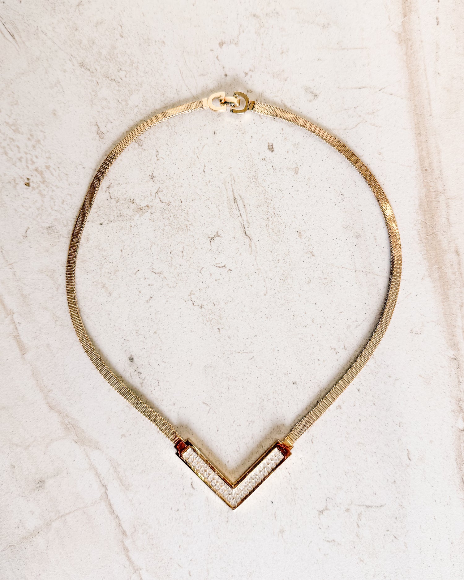 Vintage Signed Christin Dior Gold Toned V Rhinestone Shaped pendant Necklace