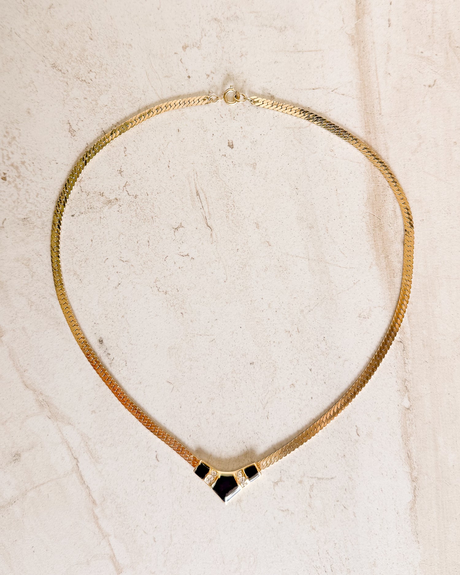 Vintage black enamel pendant gold-tone rhinestone V necklace