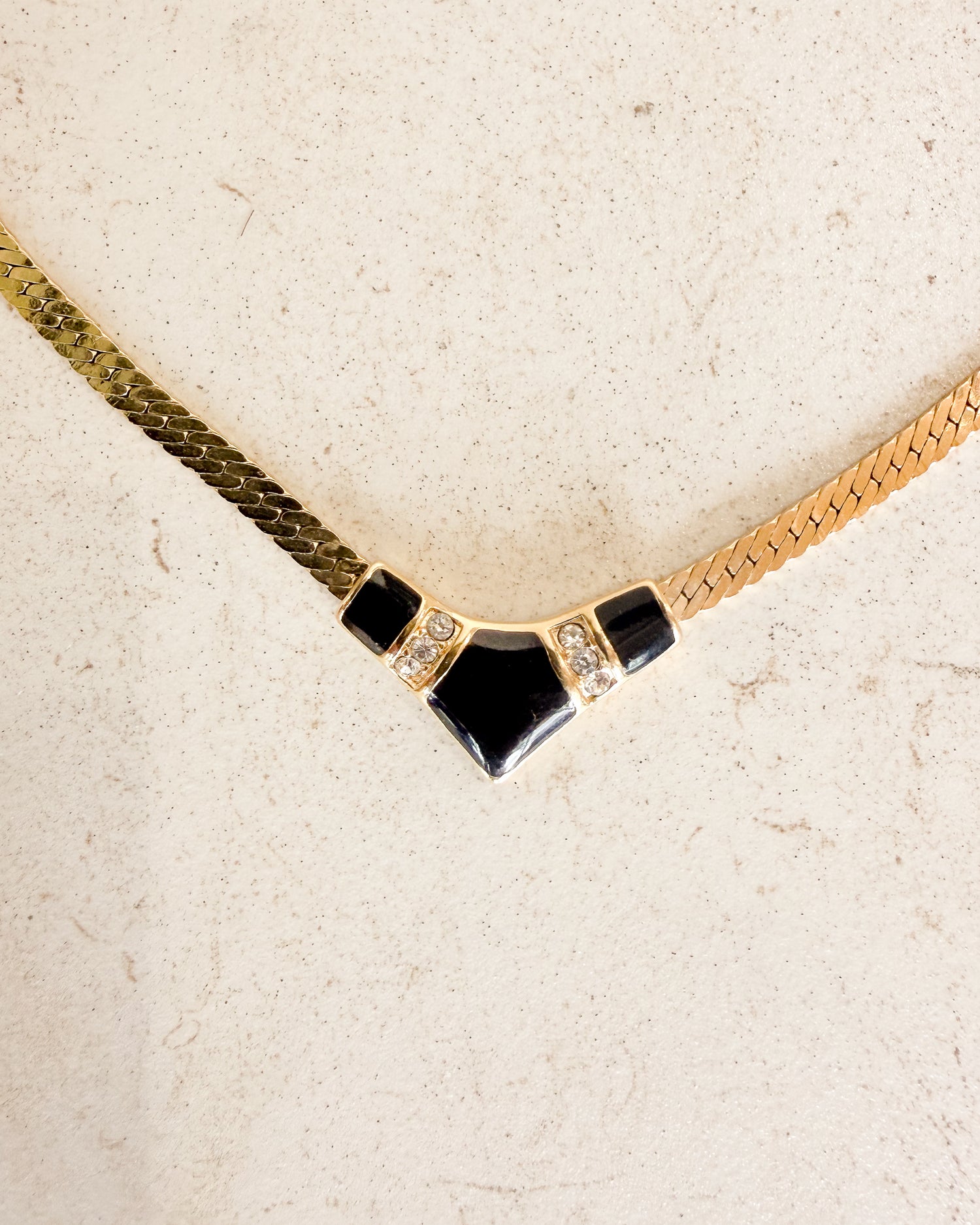 Vintage black enamel pendant gold-tone rhinestone V necklace