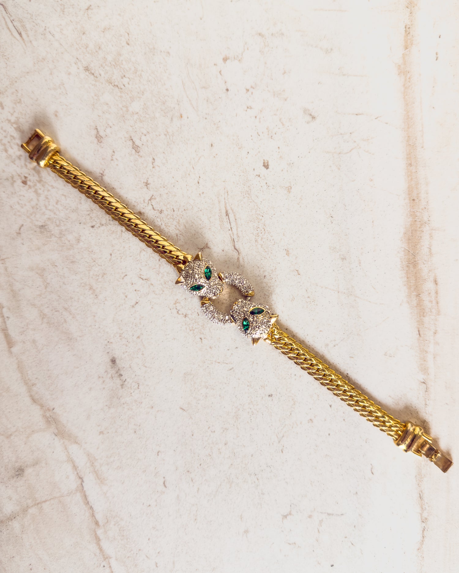 Vintage Green Rhinestone Eye Double Headed Leopard Bracelet