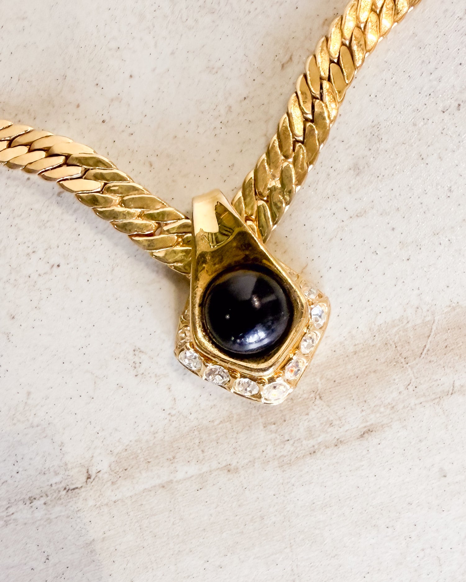 Vintage Signed Gold Metal Snake Necklace With V & Rhinestone Pendant