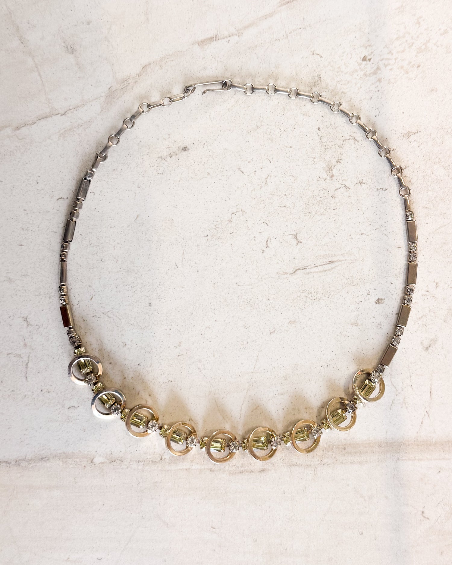 Vintage Yellow And Clear Rhinestone Silver Tone Necklace