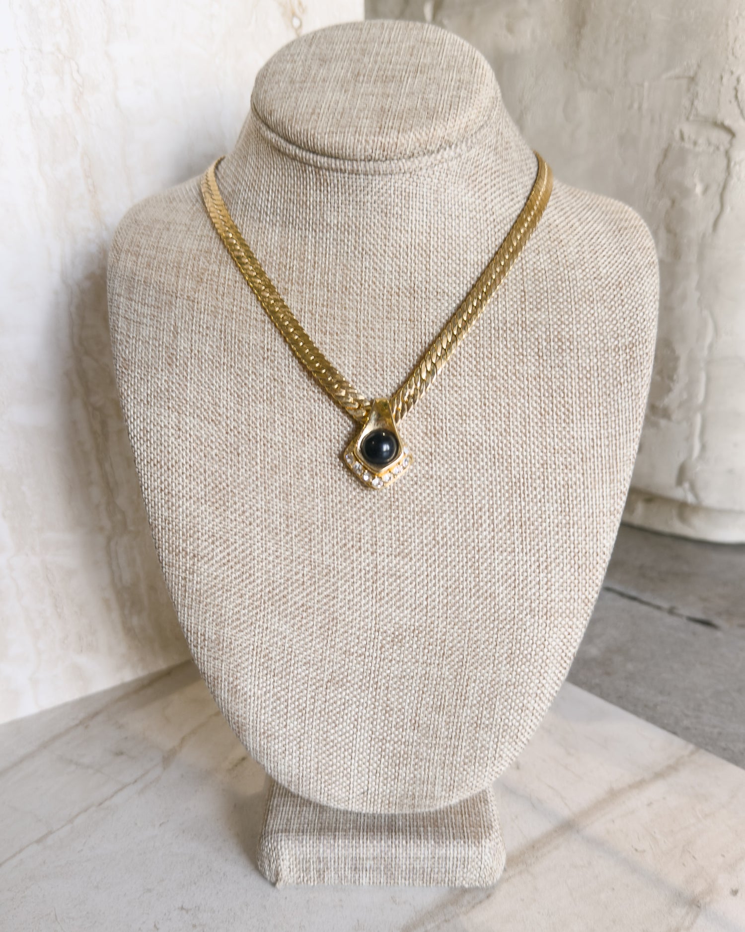 Vintage Signed Gold Metal Snake Necklace With V & Rhinestone Pendant