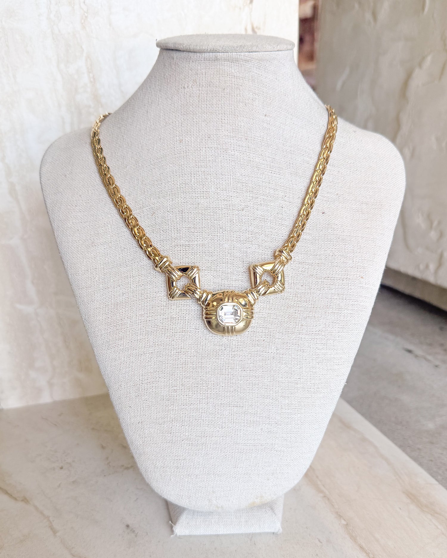 Vintage Harness Pendant Crystal Square Chunky Necklace
