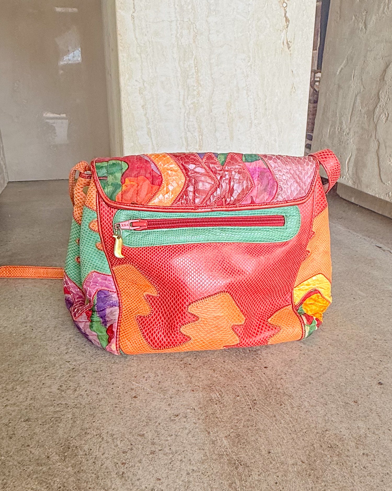 Vintage Signed Patchwork Leather Shoulder Bag Lined Snap Close
