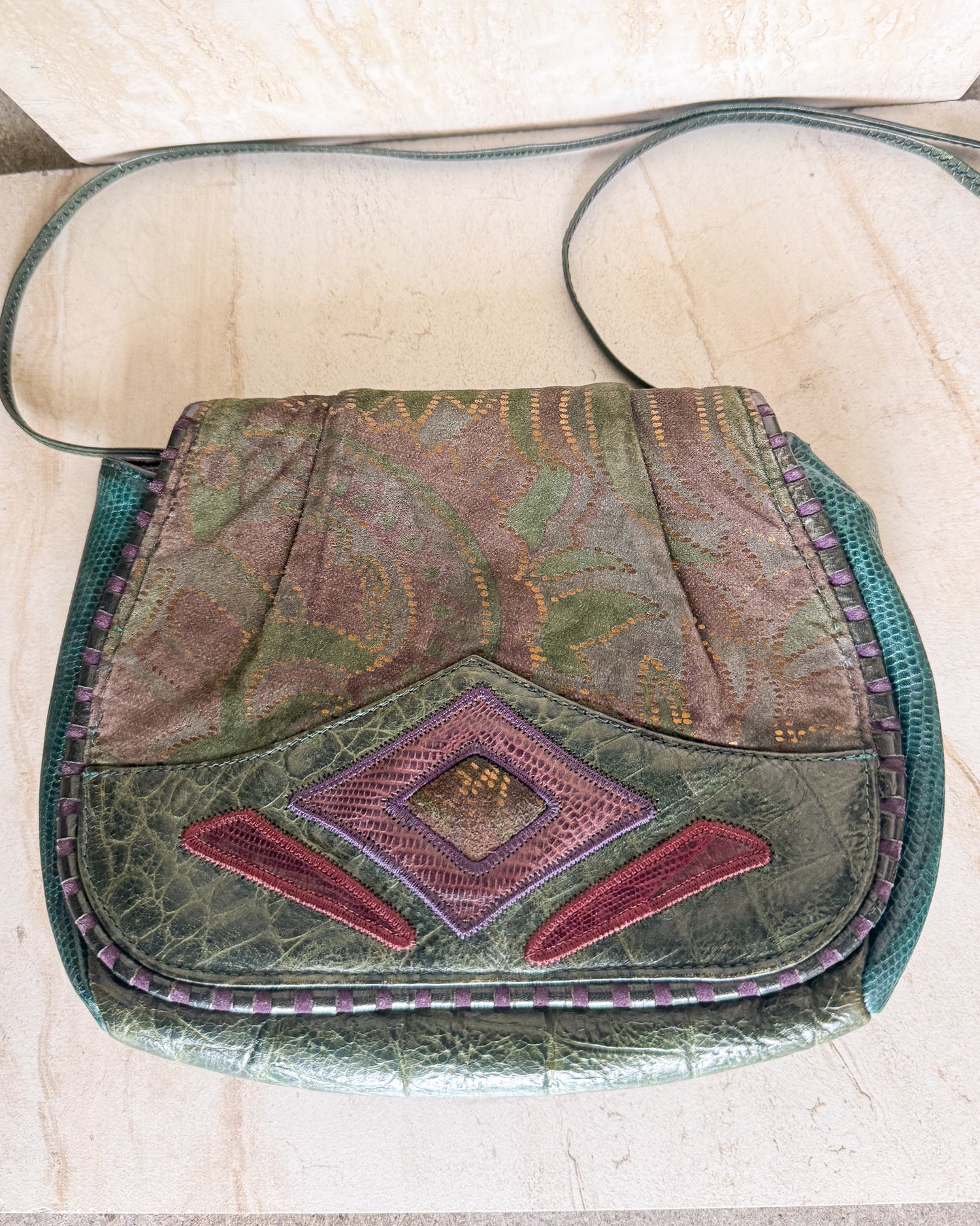 Vintage Signed Patchwork Leather crossbody Bag Lined Snap Close