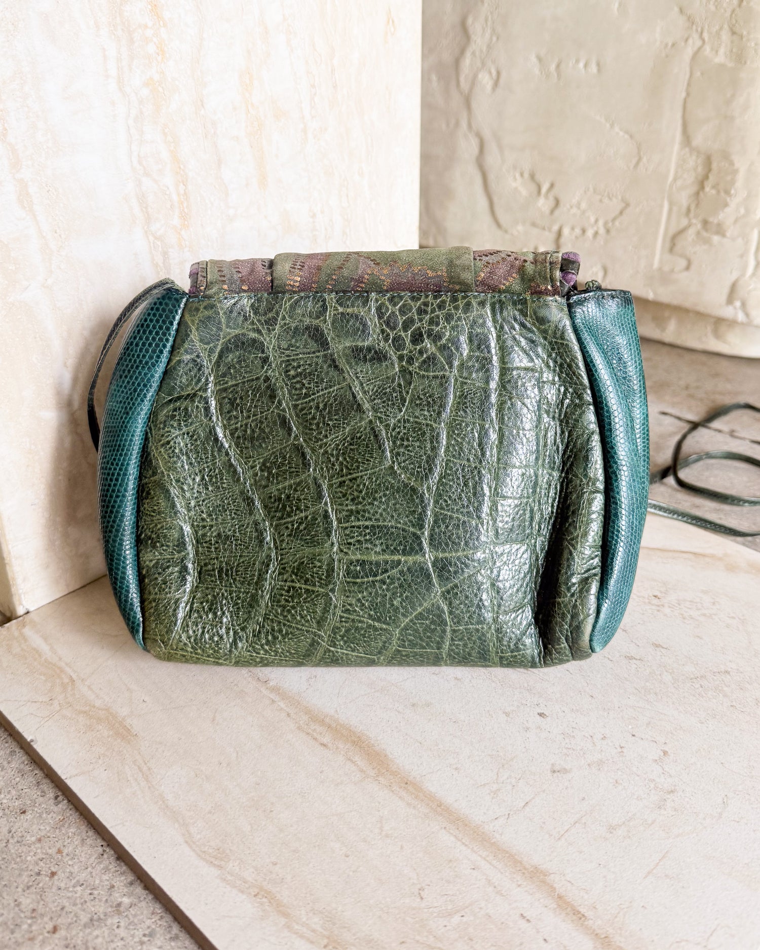 Vintage Signed Patchwork Leather crossbody Bag Lined Snap Close