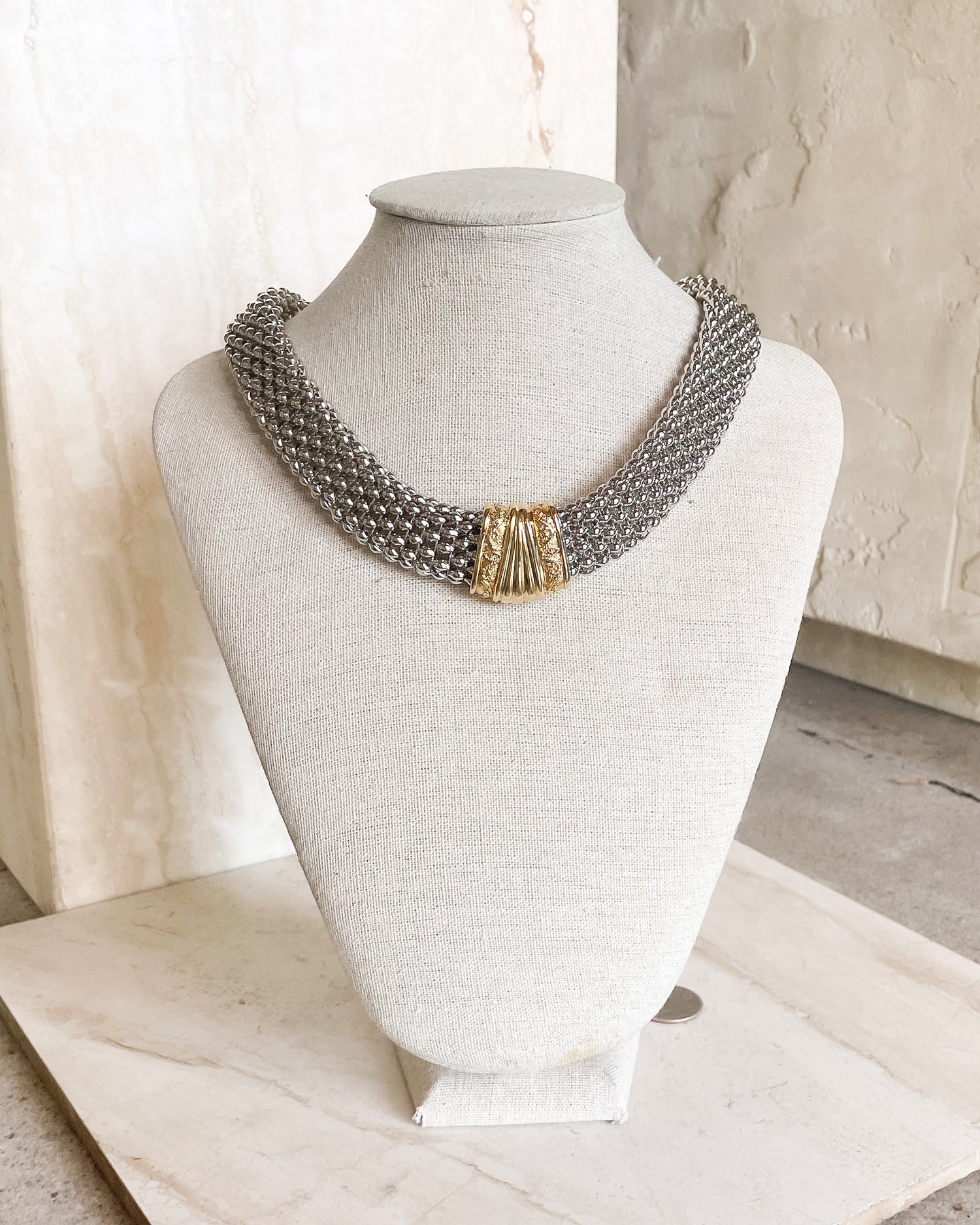 Vintage Gold Mixed Metal Mesh Chainmail Choker Magnetic Clasp Necklace