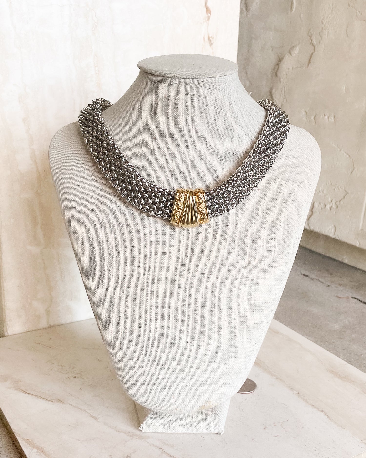 Vintage Gold Mixed Metal Mesh Chainmail Choker Magnetic Clasp Necklace