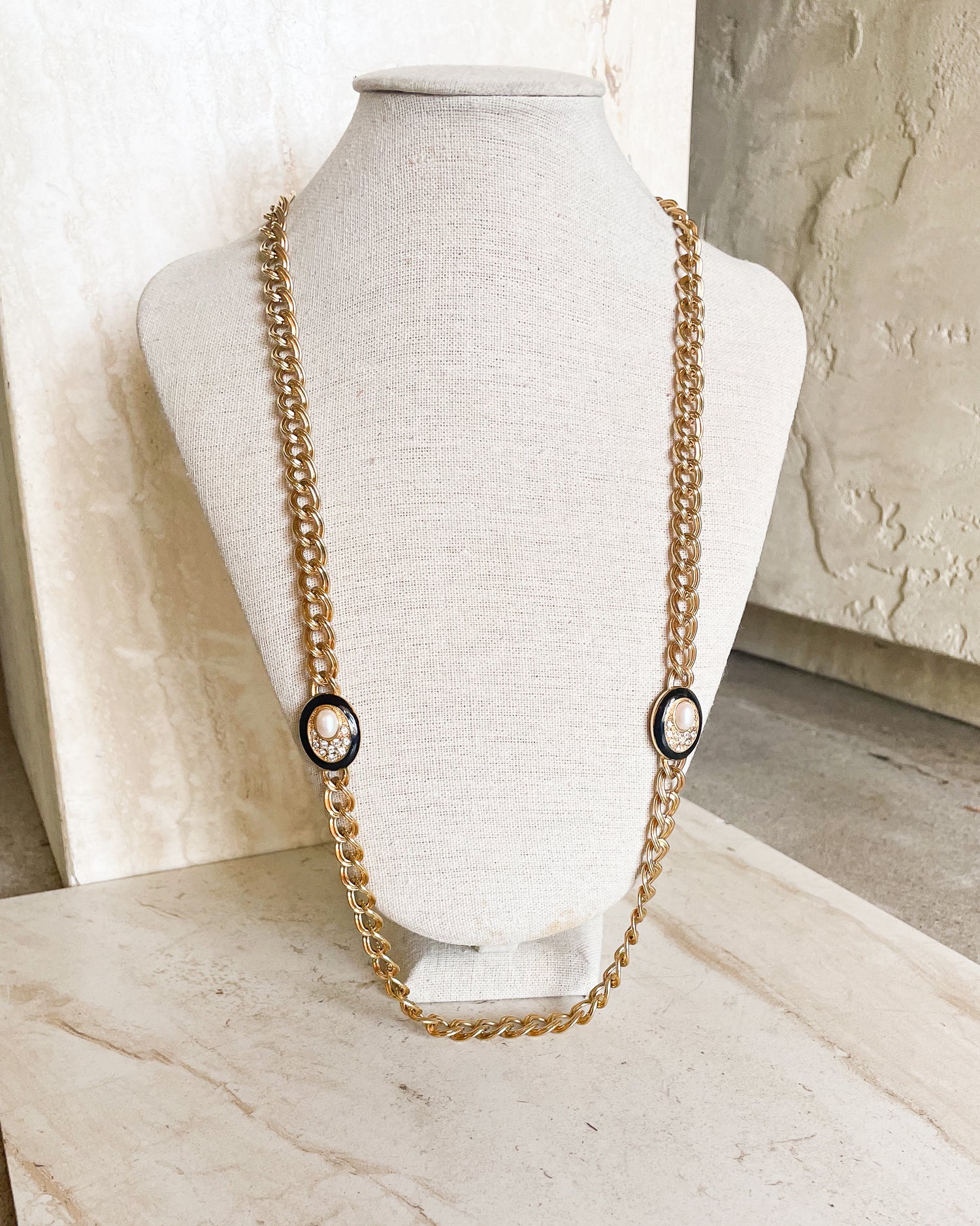 Vintage Faux Pearl Crystal Gold Chunky Chain Necklace