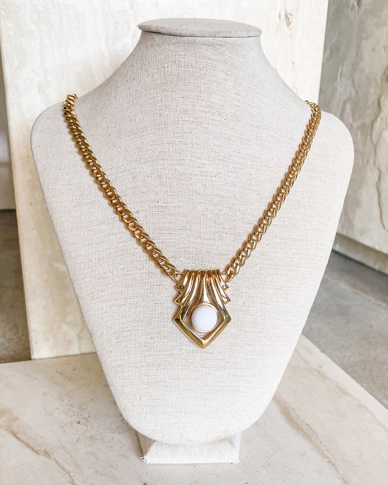 Vintage Signed  Vintage Gold Tone White Cabochon Pendant Necklace