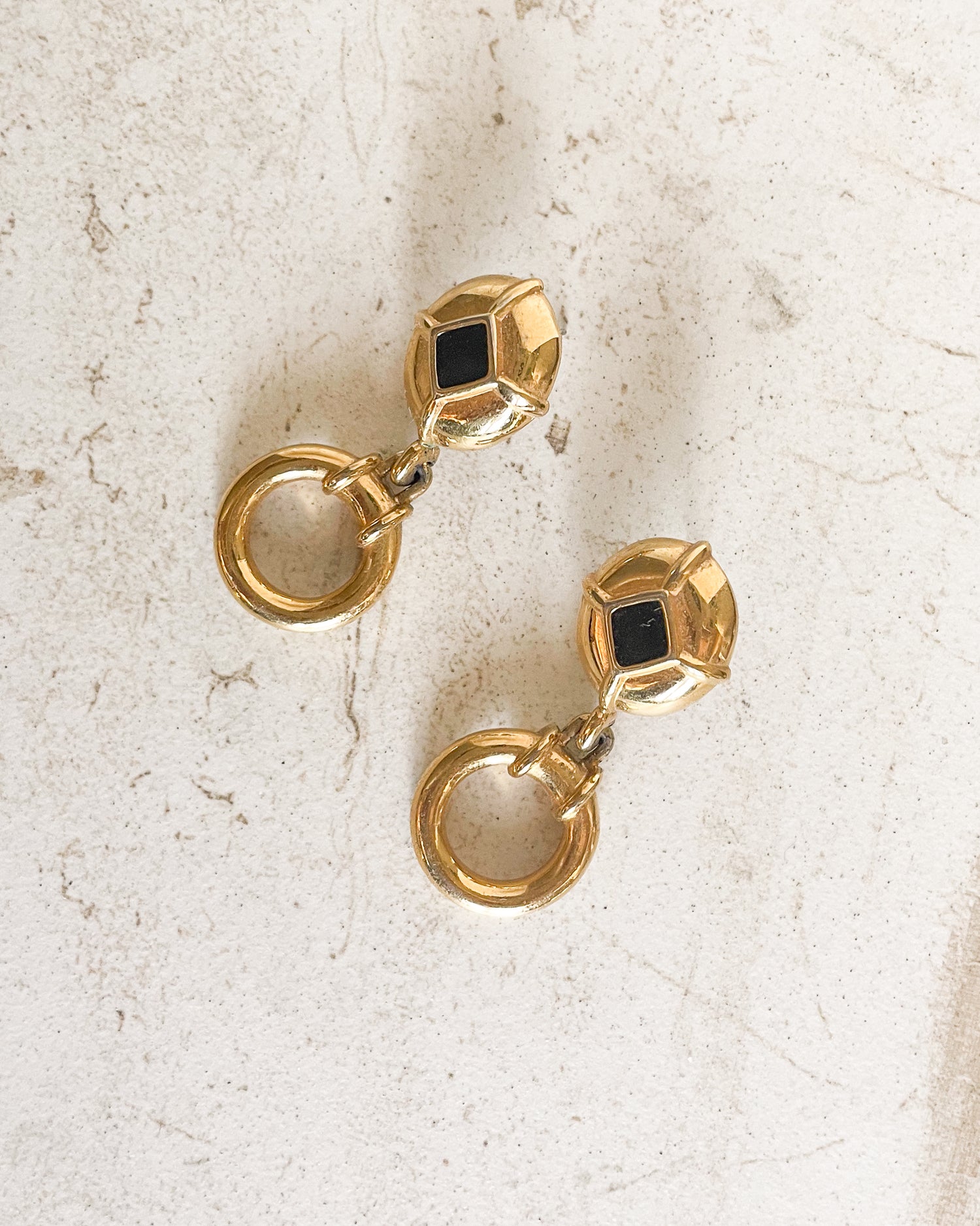 Vintage circular black enamel drop earrings