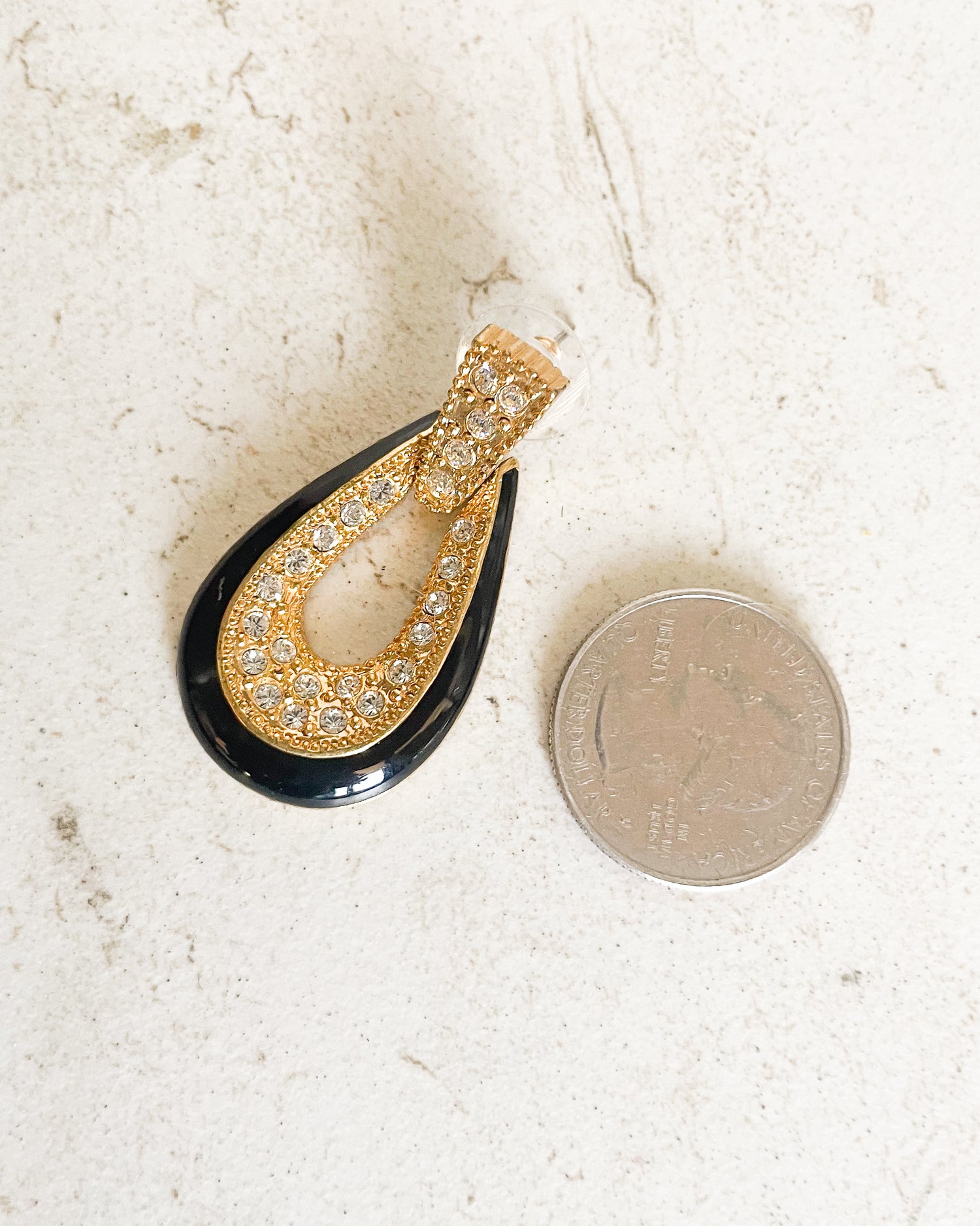 Vintage black enamel rhinestone teardrop earrings