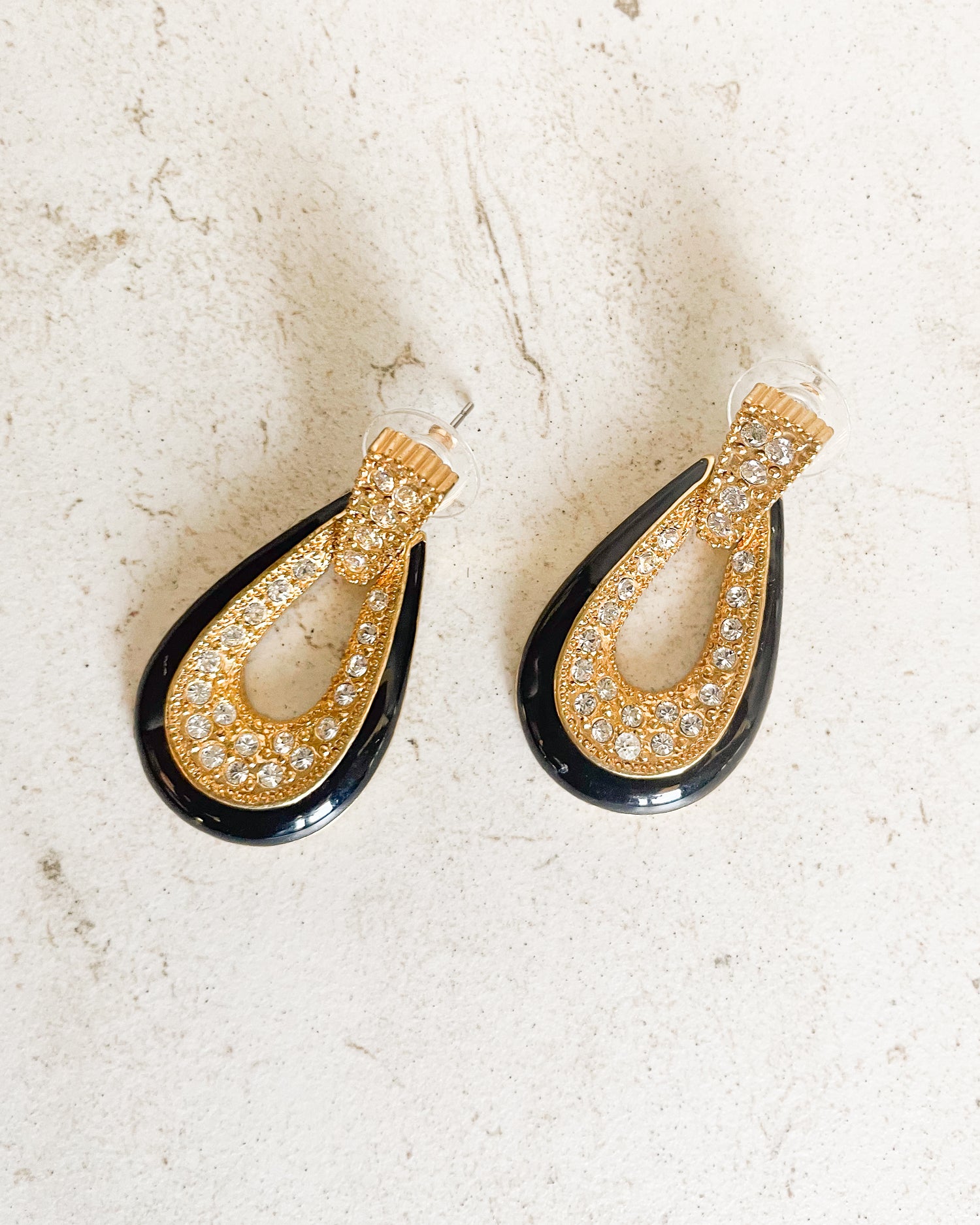 Vintage black enamel rhinestone teardrop earrings