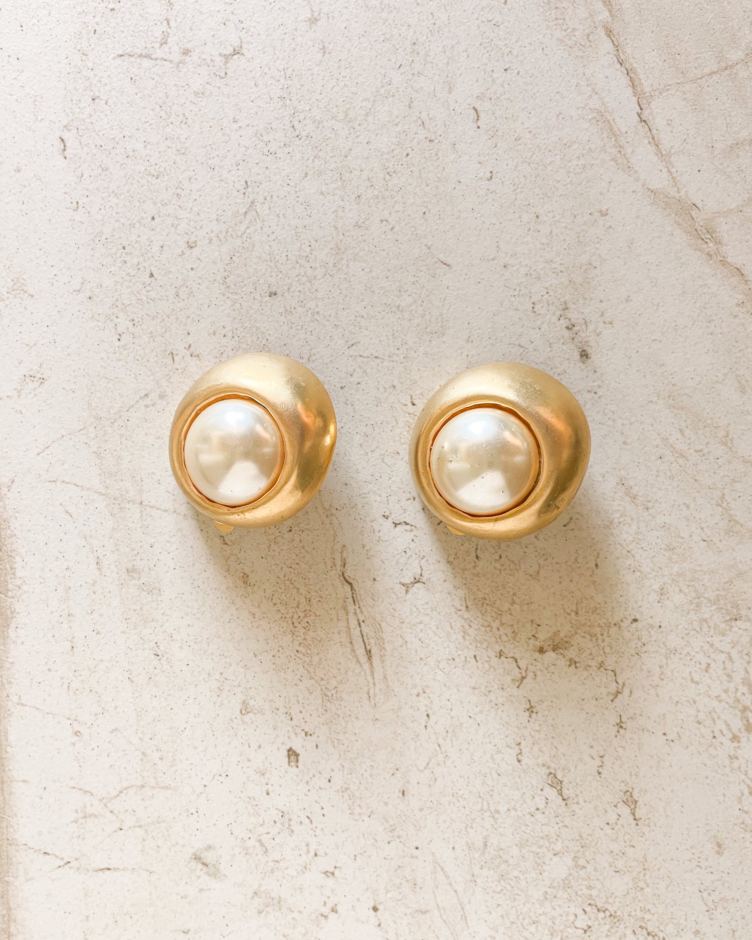 Vintage Gold Tone Matte Round Faux Pearl Clip On Earrings