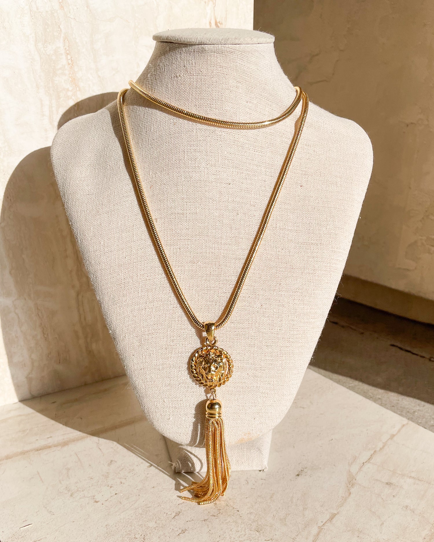 Vintage Lion Medallion w/ Tassel Gold Tone Necklace