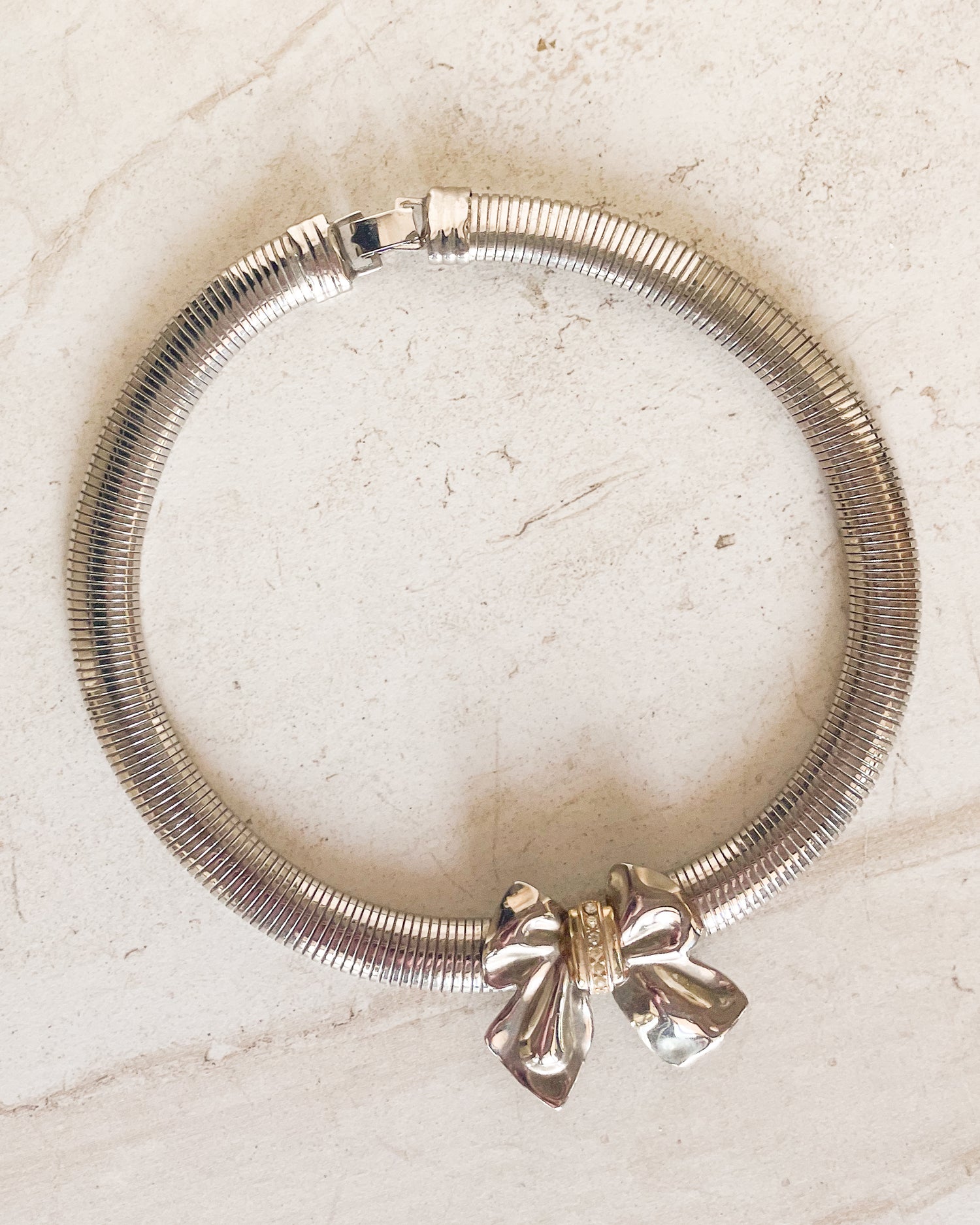 Vintage two tone bow silver snake chain choker
