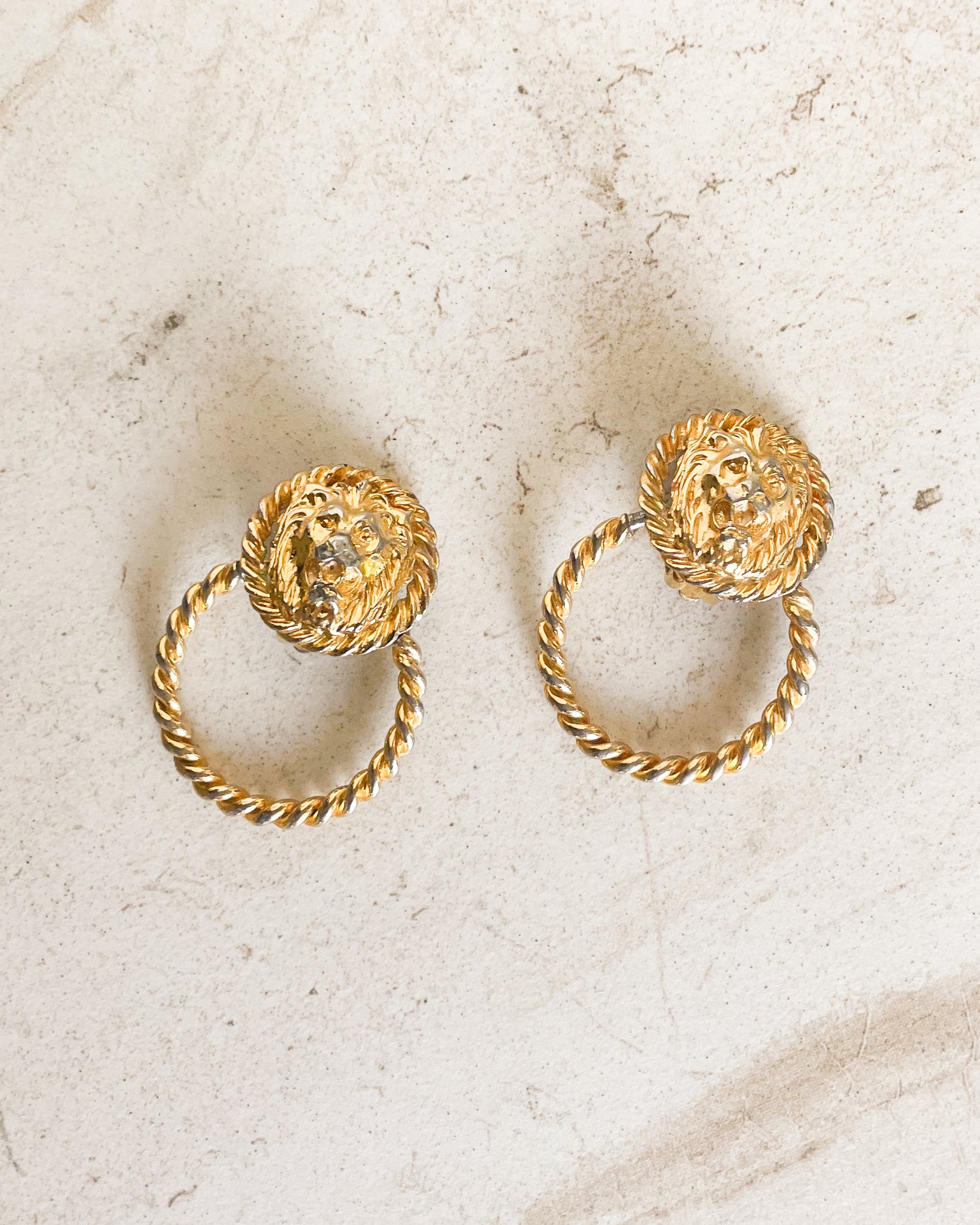 Vintage Lion Head Door Knocker Gold Hoop Earrings