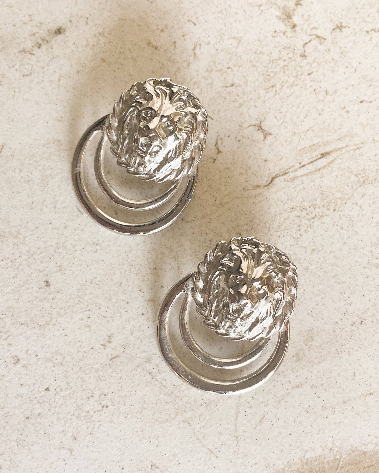 Vintage Silver Tone  Lion Head Door Knocker Pierced Earrings