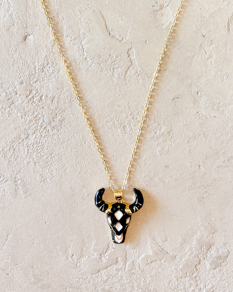 Black Enamel Bull Necklace