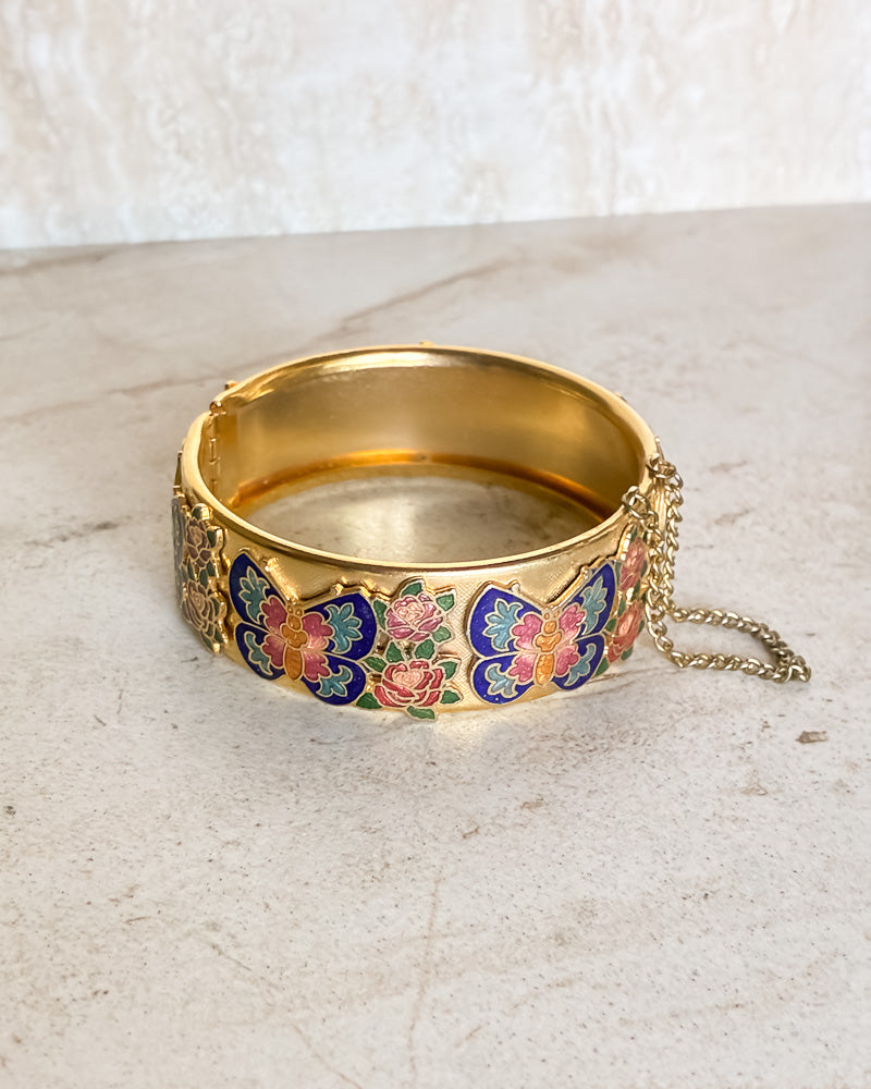 Vintage Gold Tone Butterflies Hinged Bangle Bracelet