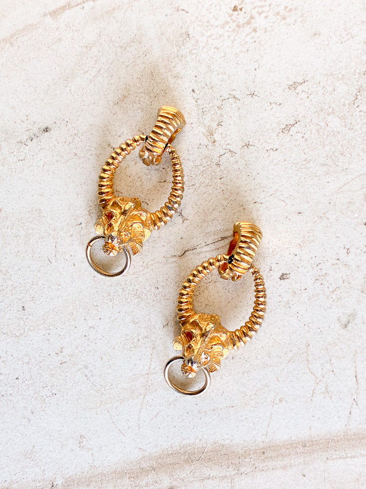 Vintage Gold Plate Lions Head Dangle Hoop Clip On Earrings