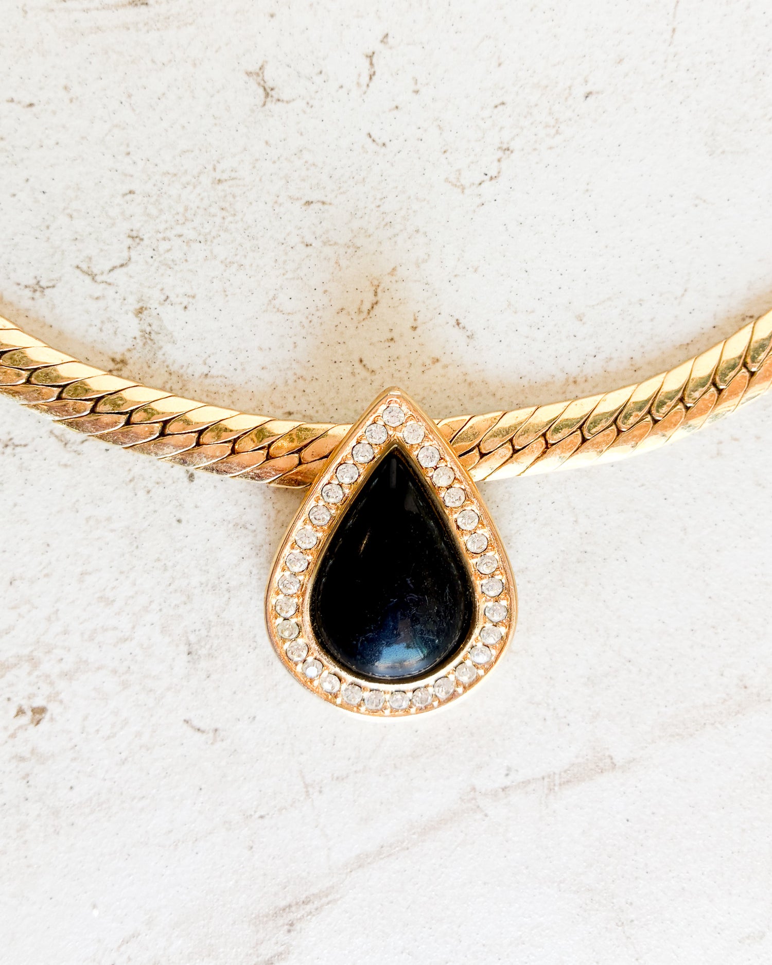 Vintage Signed Black Enamel Teardrop Crystal Necklace