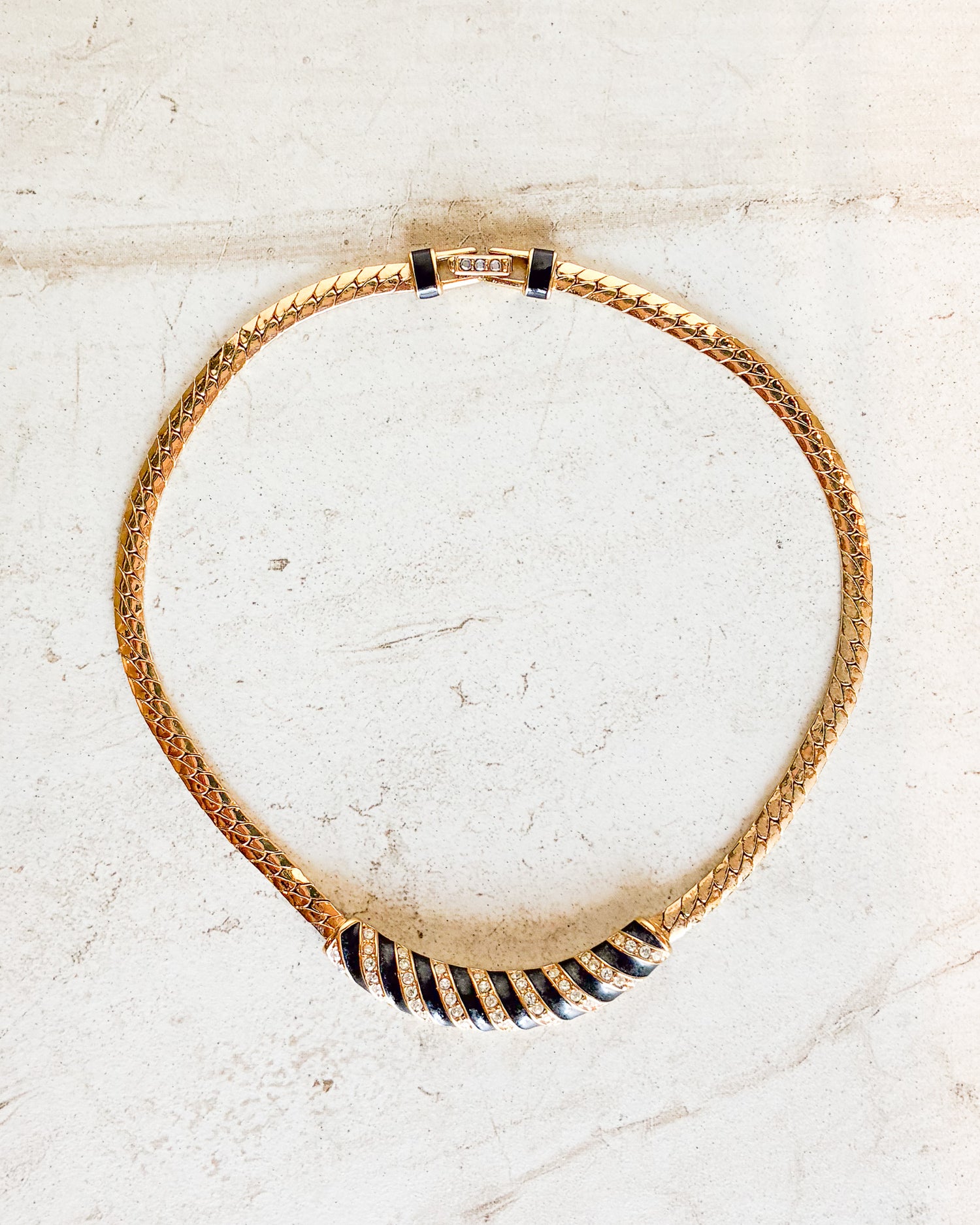 Vintage Signed Gold Tone Black Enamel Crystal Necklace