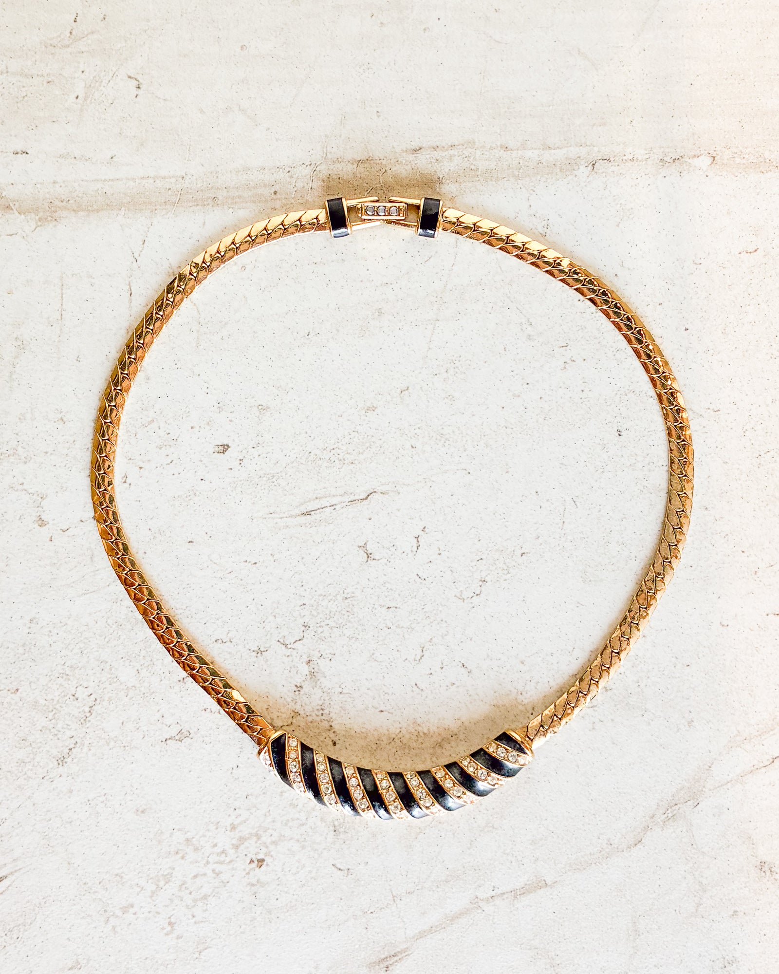 Vintage Signed Gold Tone Black Enamel Crystal Necklace