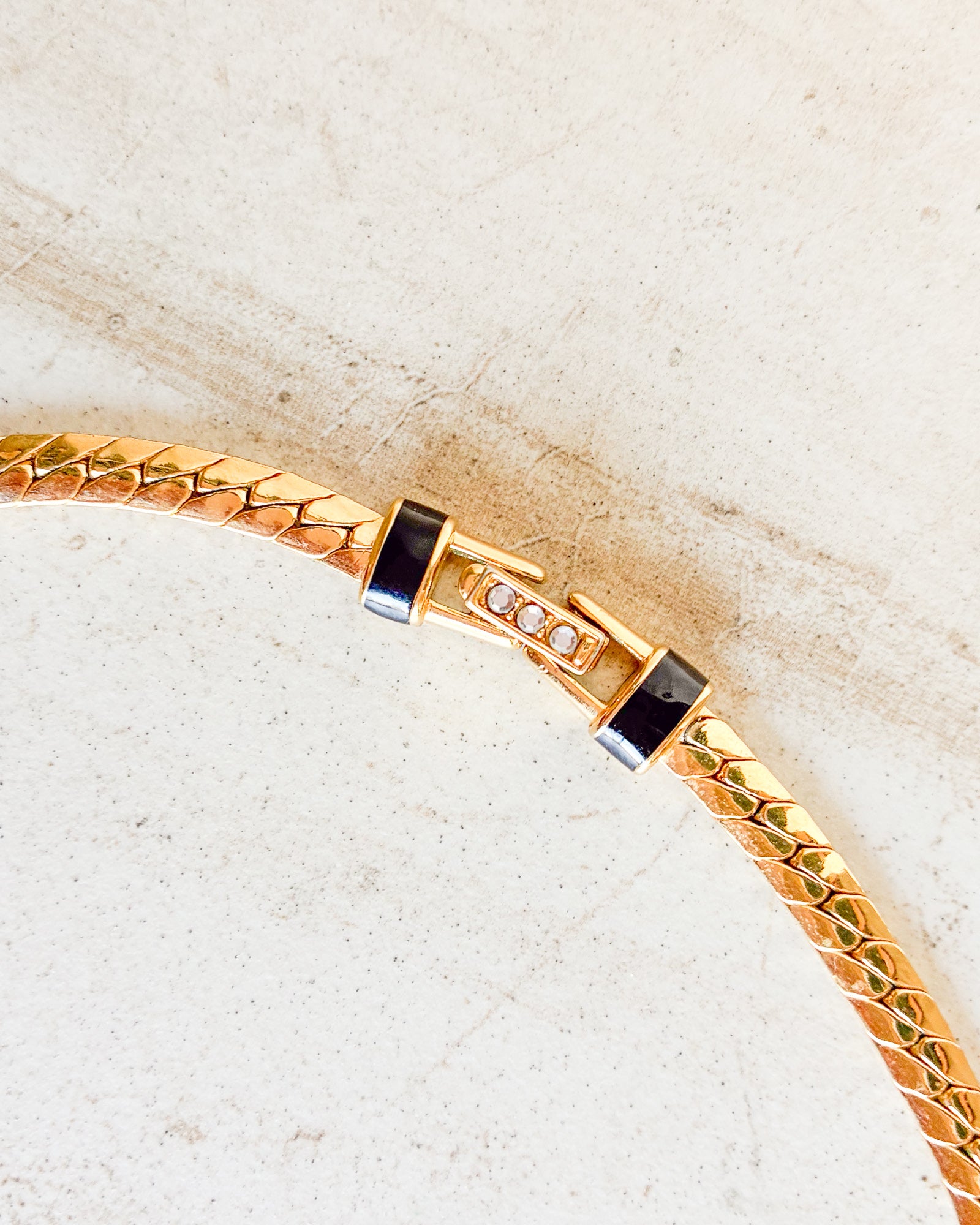 Vintage Signed Gold Tone Black Enamel Crystal Necklace