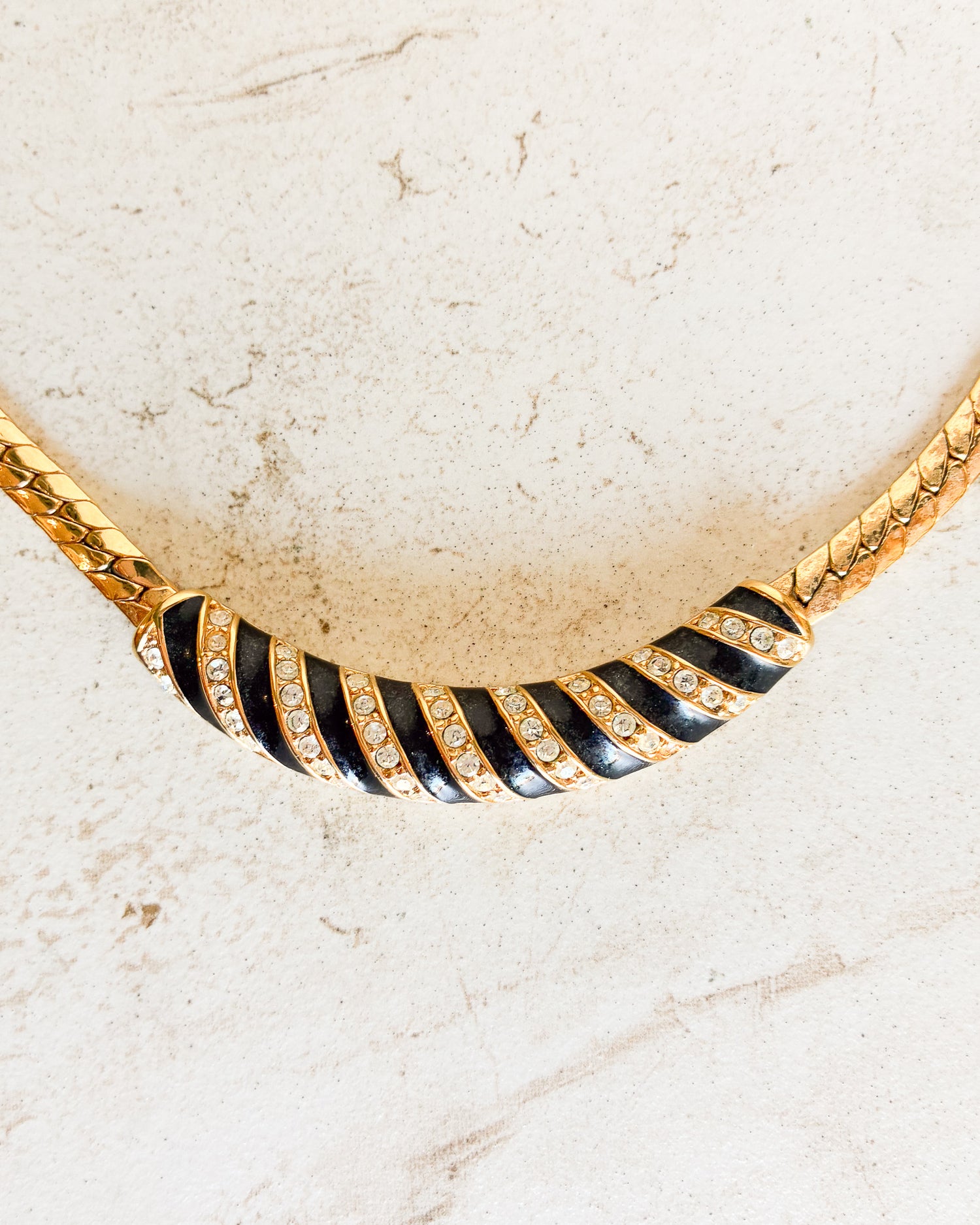 Vintage Signed Gold Tone Black Enamel Crystal Necklace