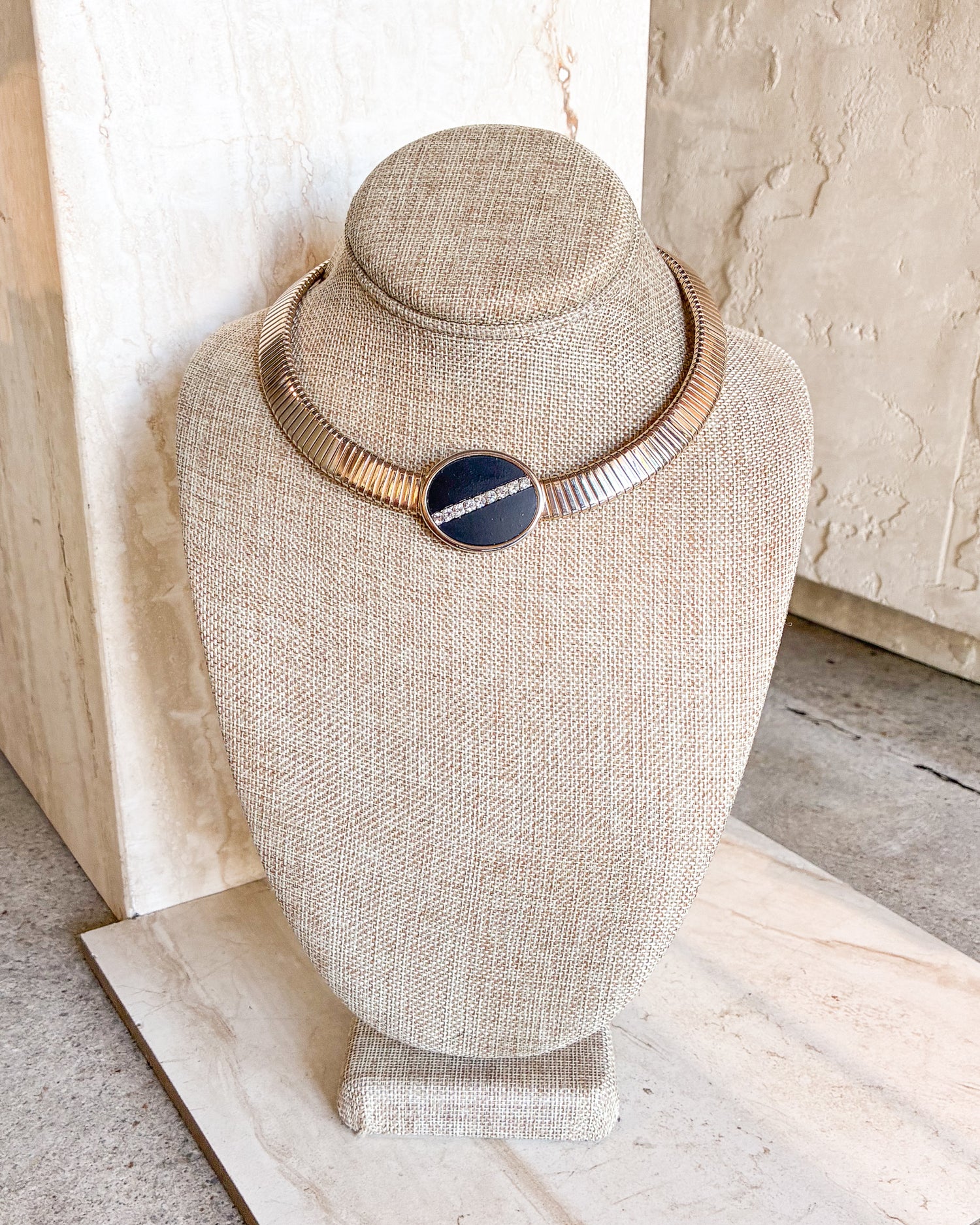 Vintage Black Enamel gold-tone omega necklace