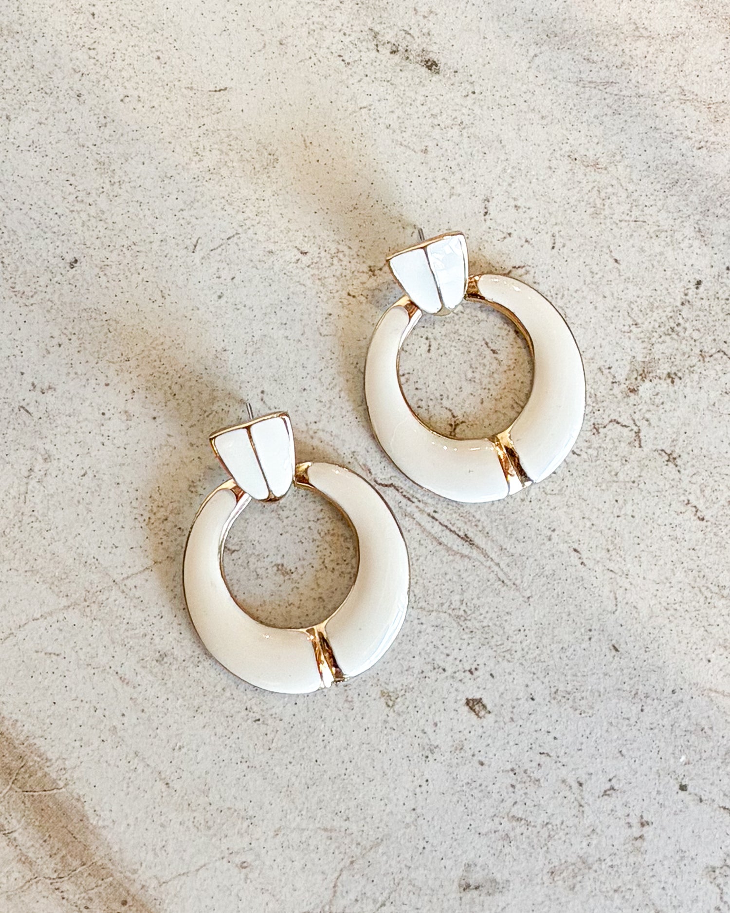 Vintage Gold Tone Cream Enamel Classic Pierced Earrings